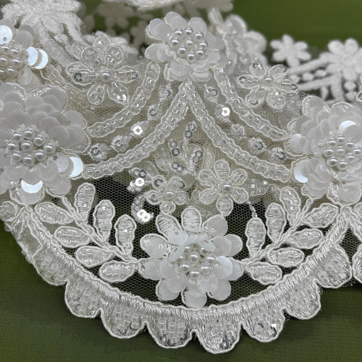 Beaded Corded Floral Lace Trim 4.5"