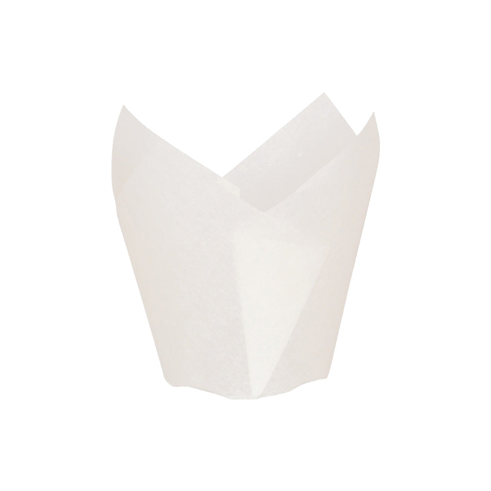 PacknWood White Silicone-Coated Tulip Baking Cup, 2.3" x 1.25" Dia. - Pack of 100