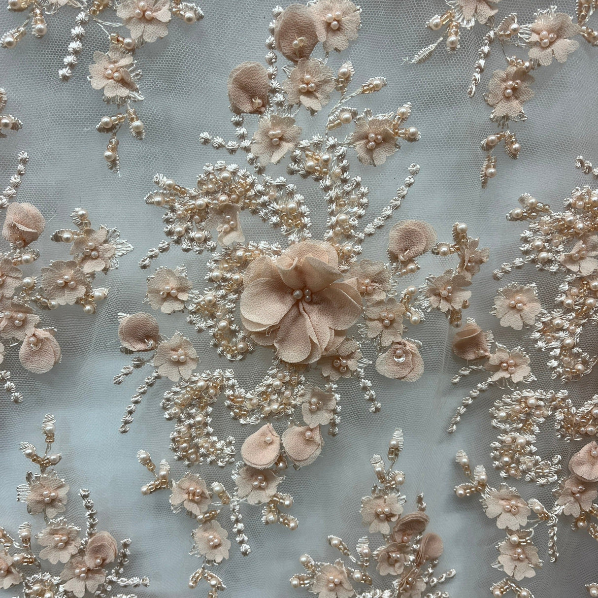 Beaded 3D Floral Lace Fabric Peach 48" Wide