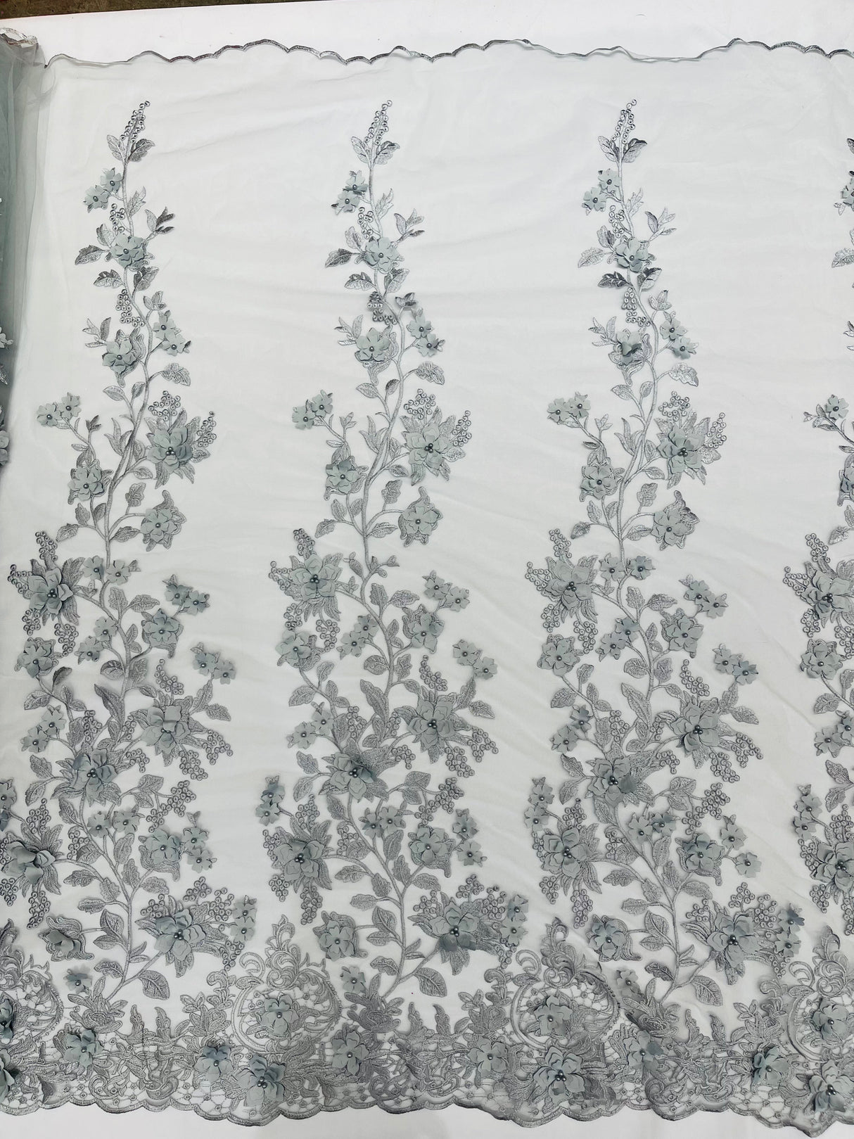 Princess 3D Floral Lace Polyester Fabric - Beaded Mesh Lace, 50" Width (1 Yard)