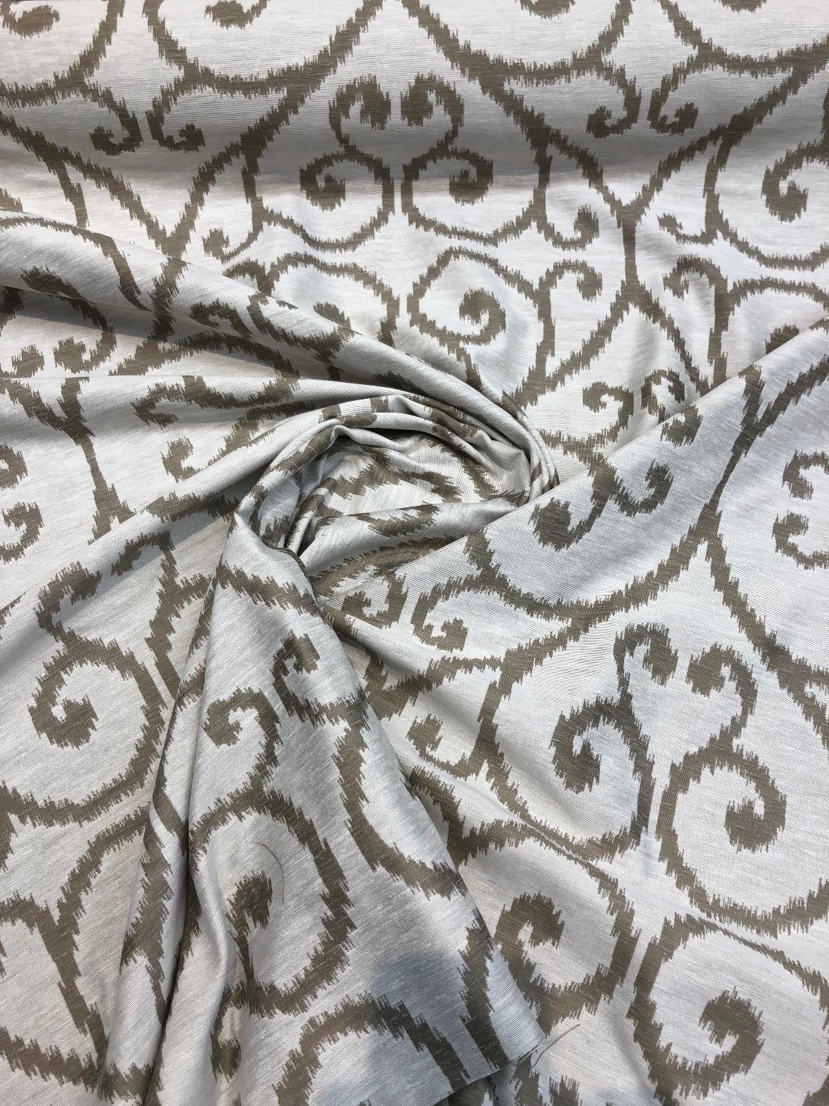 Scroll Baige Khaki Linen Cotton Fabric - Khaki Scroll Jacquard, 54" Width (1 Yard)