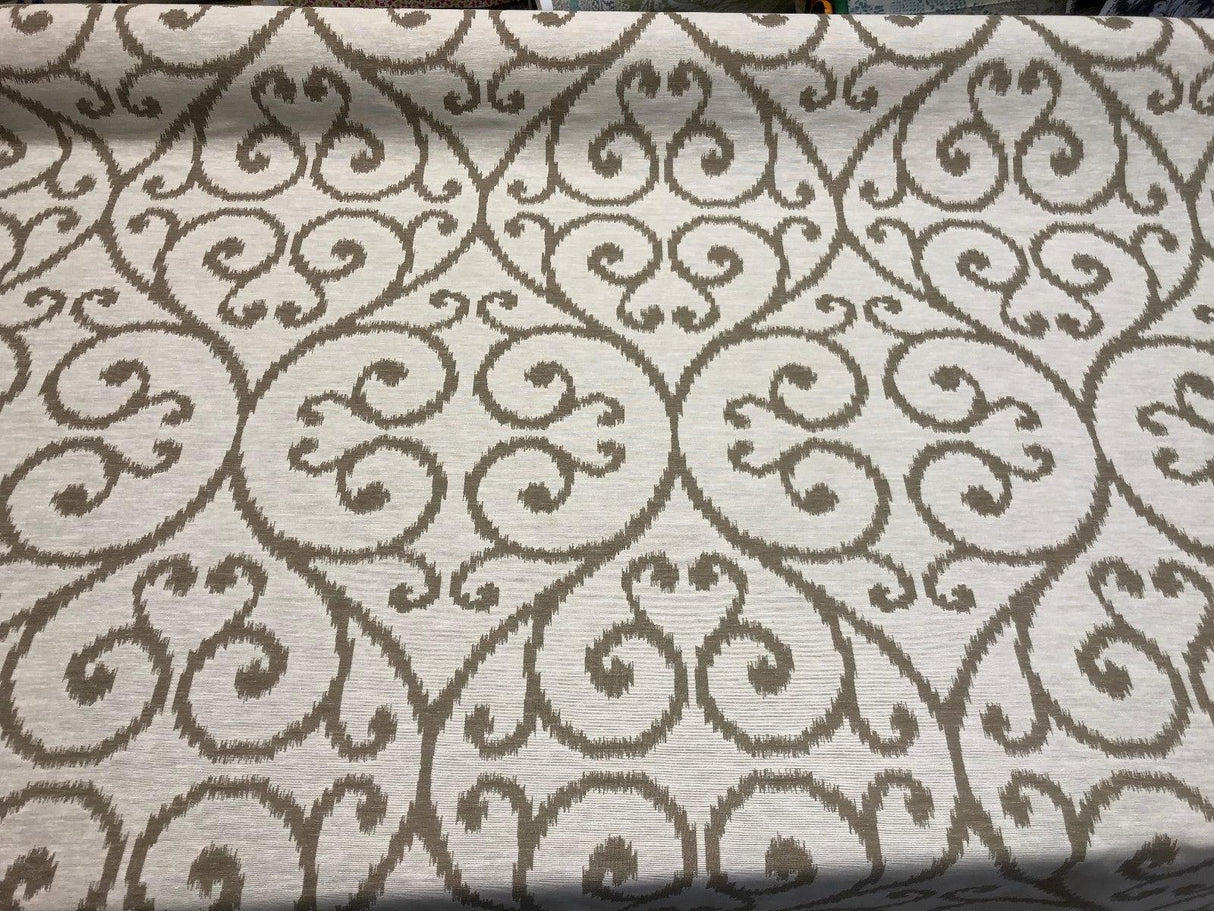 Scroll Baige Khaki Linen Cotton Fabric - Khaki Scroll Jacquard, 54" Width (1 Yard)