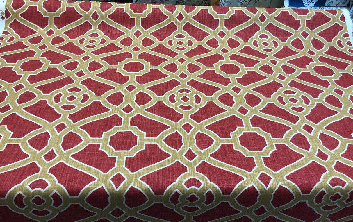 P Kaufmann Pavilion Fretwork Cotton Fabric - Rouge Red Gold Fretwork, 54" Width (1 Yard)