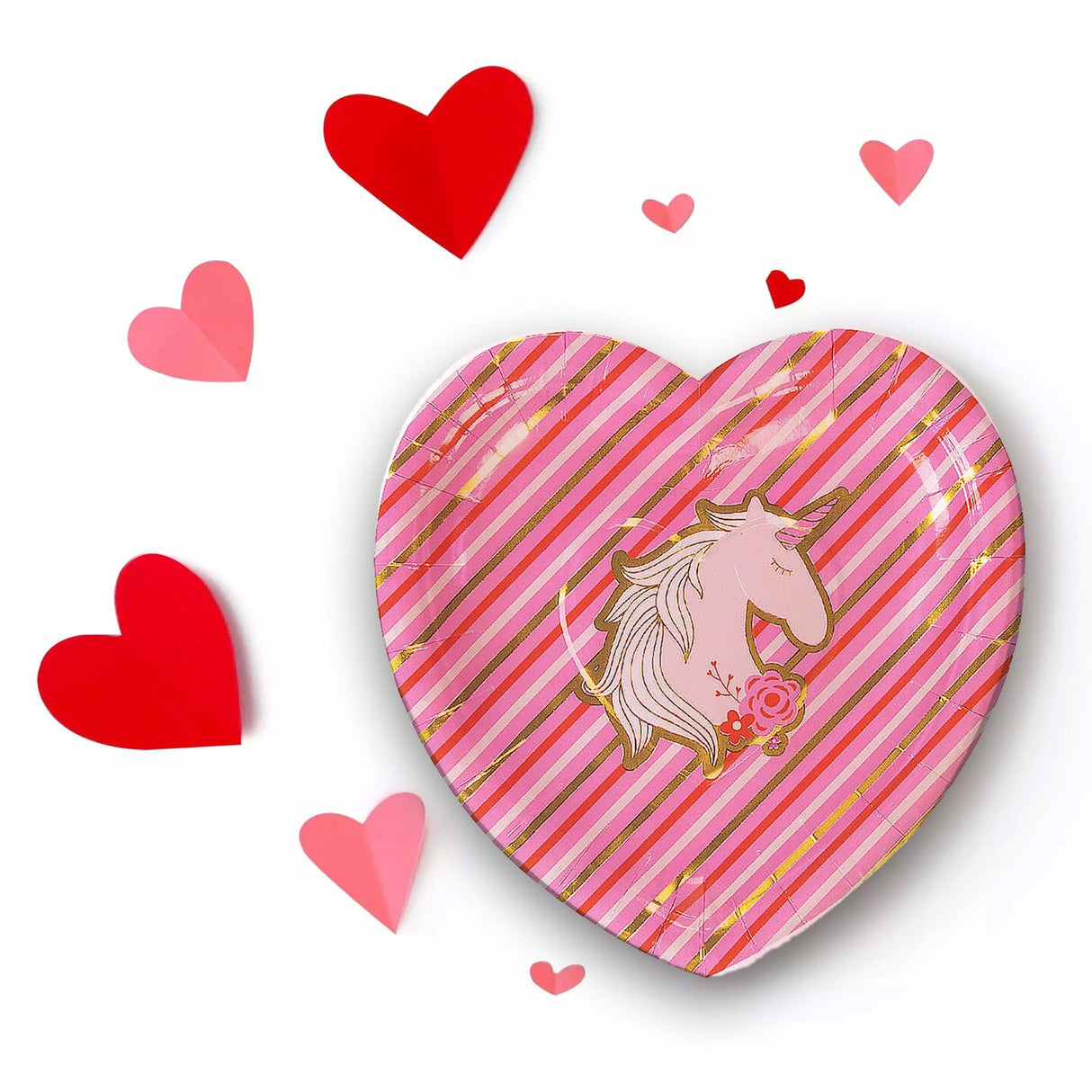 8 Ct. Valentine's Day Unicorn & Gold Foil Paper Dessert Plates 7.5"