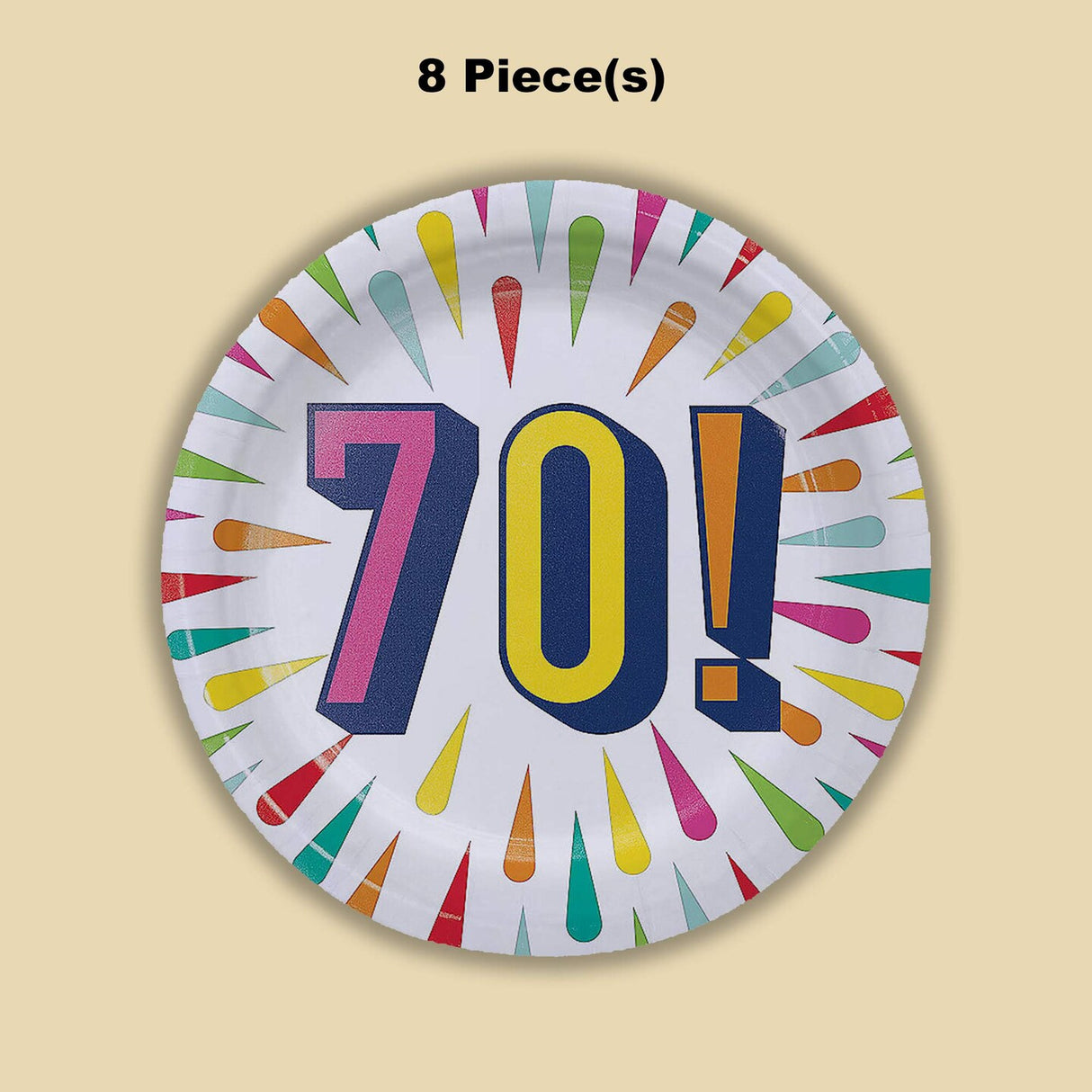 8 Count 70th Birthday Burst Paper Dessert Plates 7 Inch Milestone Celebration Party Supplies