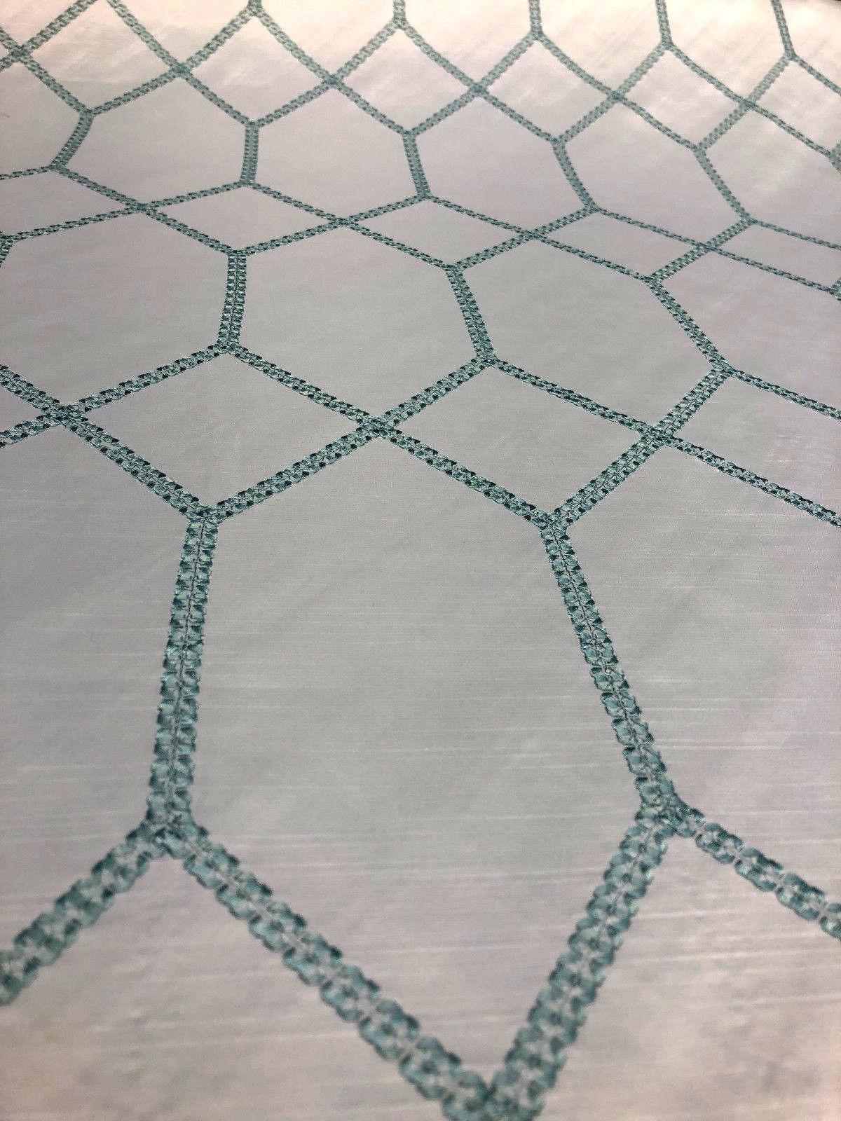 Avalon Sky Blue Jacquard Embroidered Fabric - White With Sky Blue Geometric Pattern, 56" Width (1 Yard)