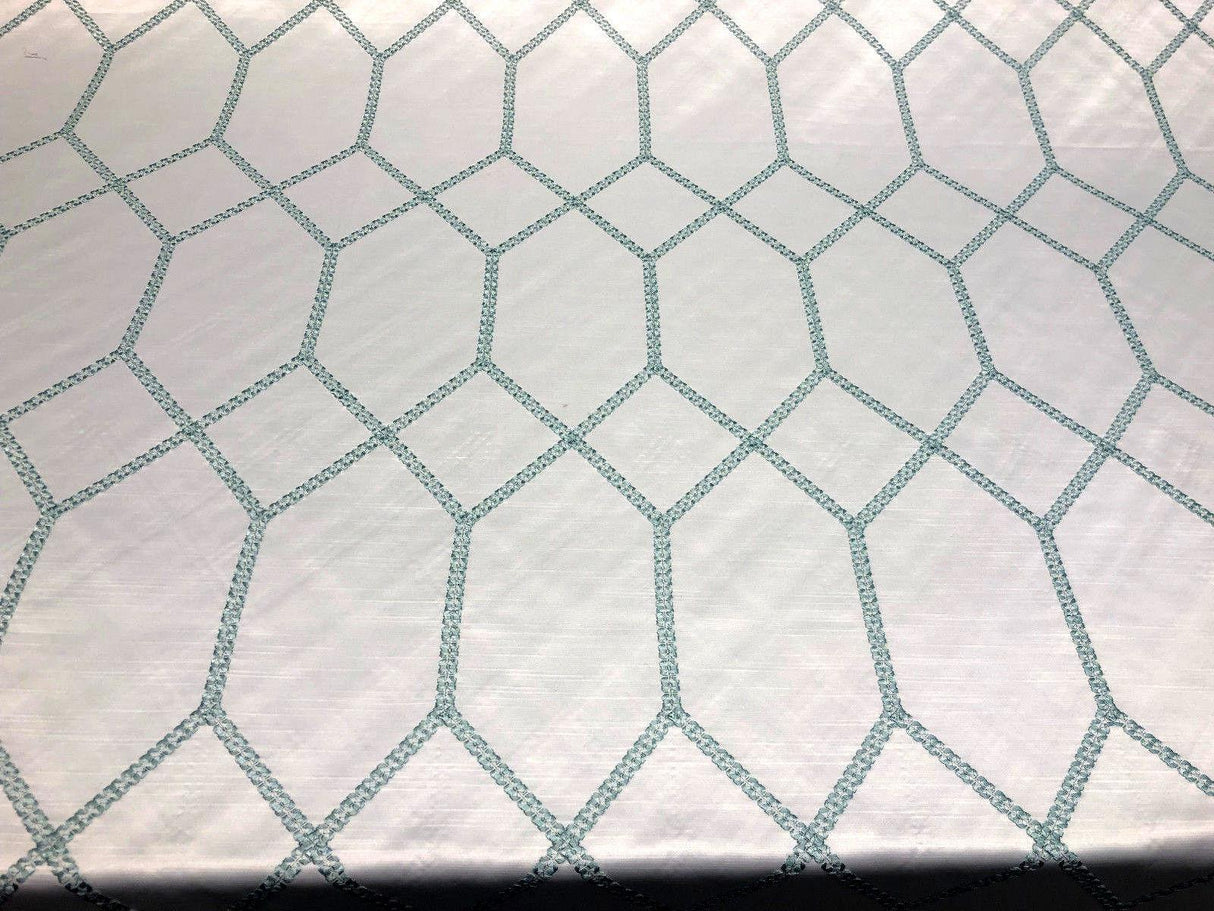 Avalon Sky Blue Jacquard Embroidered Fabric - White With Sky Blue Geometric Pattern, 56" Width (1 Yard)