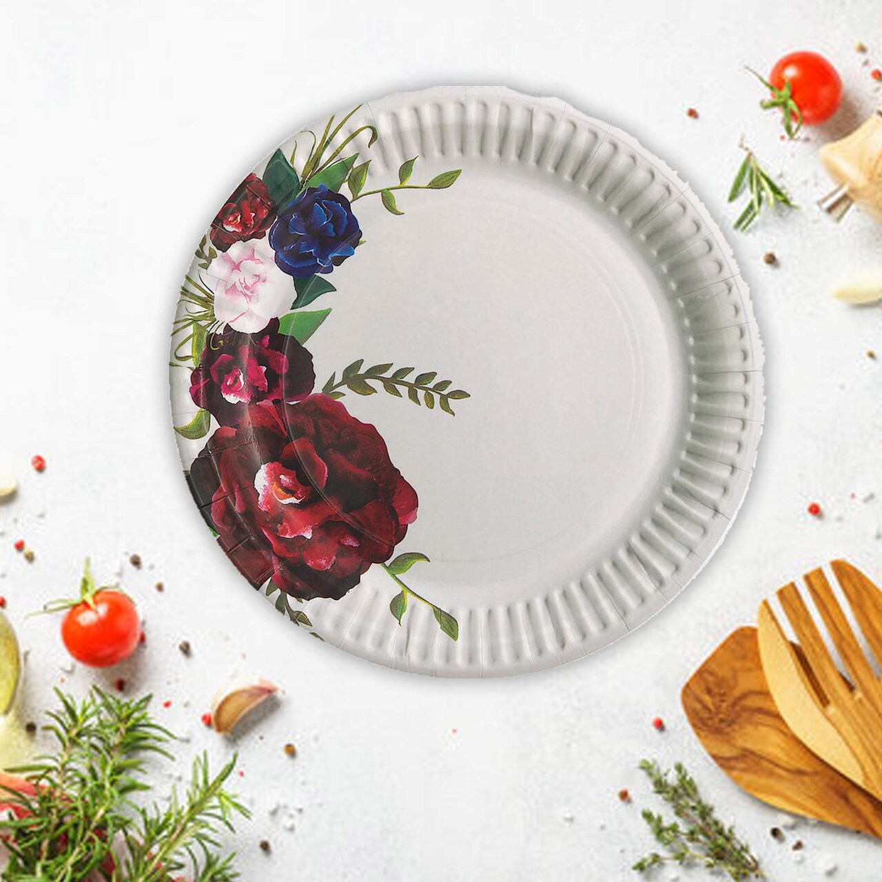 8 Ct. Navy & Red Floral Paper Dessert Plates Elegant Wedding & Shower Tableware