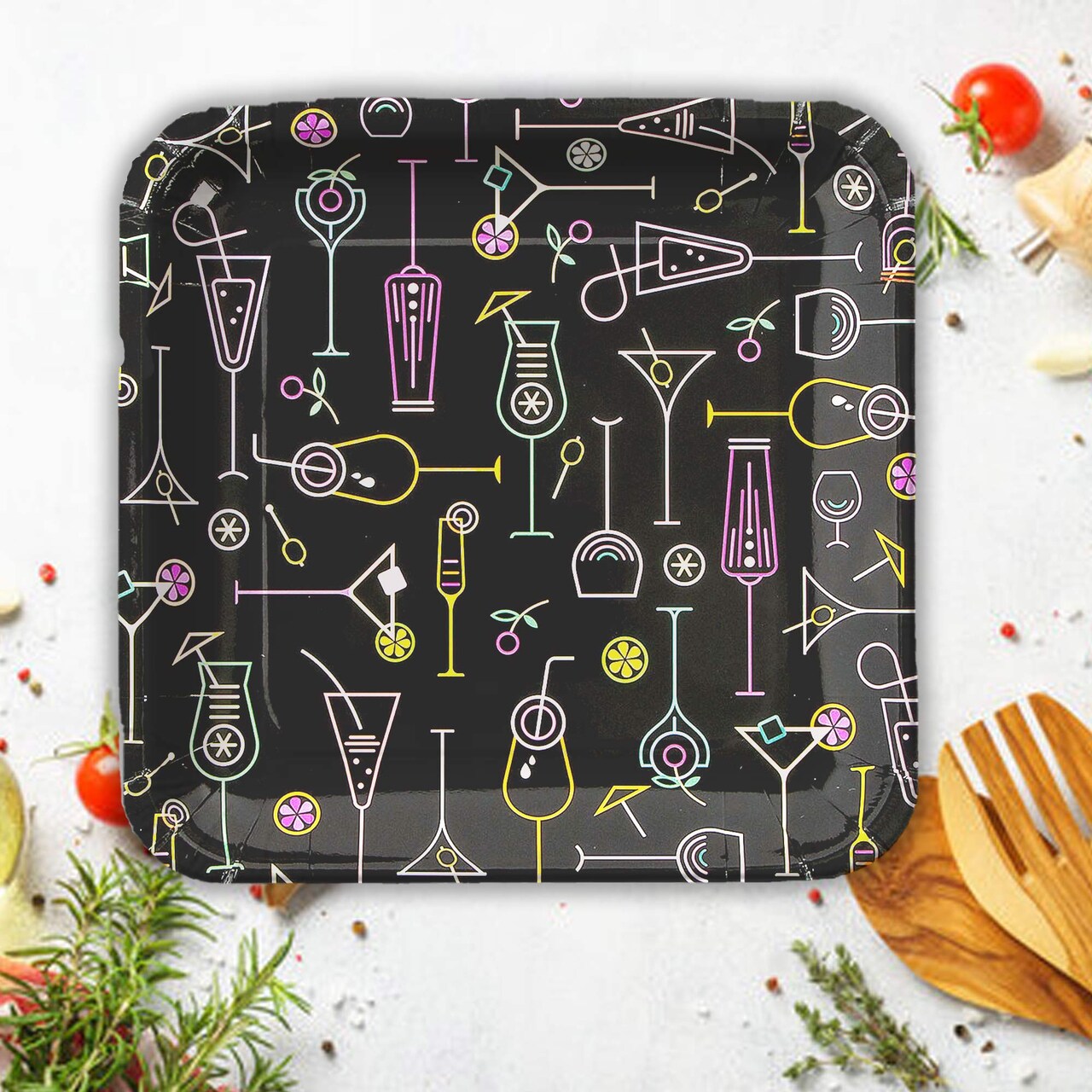 8 Ct. Cocktail Party Square Paper Dinner Plates Neon Drink Design