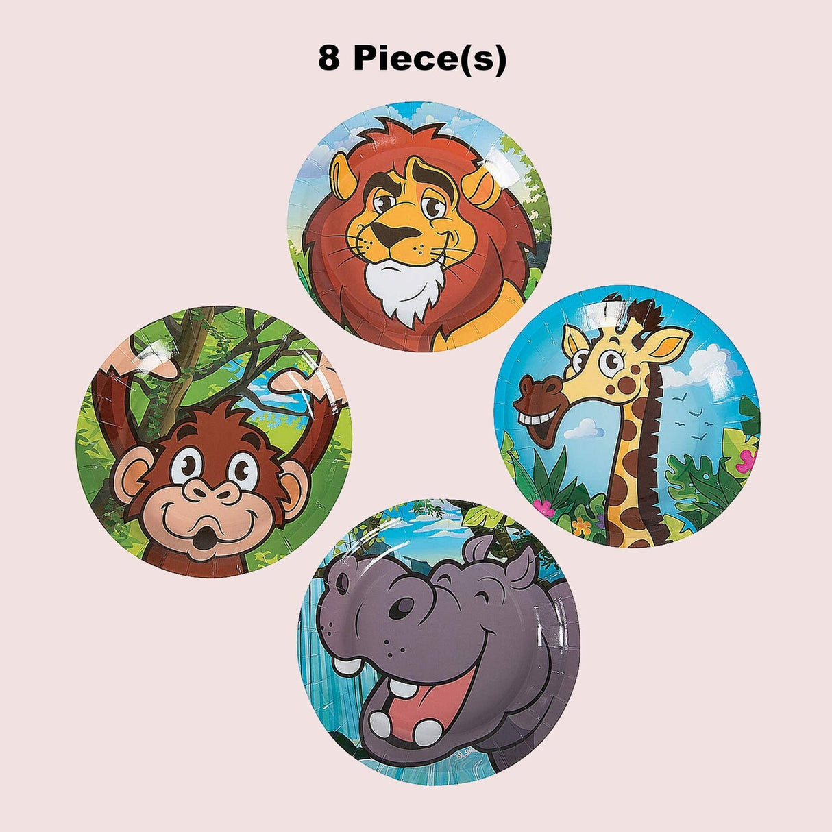 8 Ct. Zoo Adventure Party Animal Dessert Plates Lion, Giraffe, Monkey & Hippo 7"