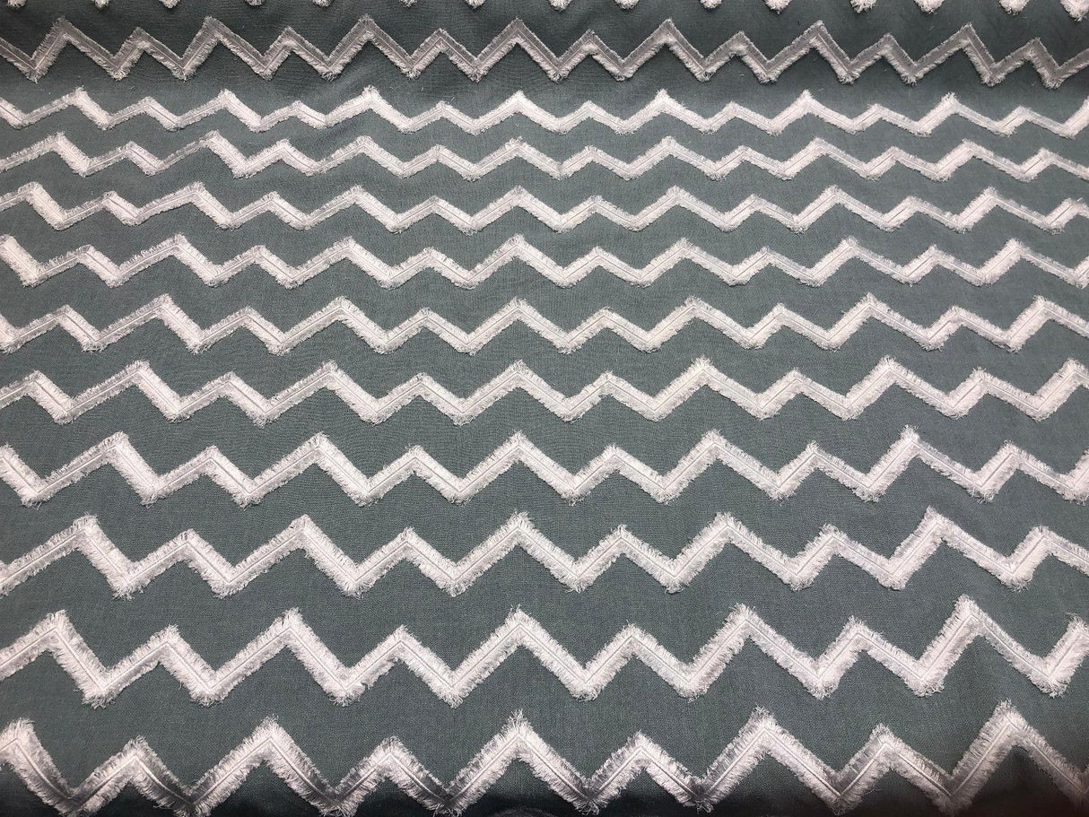 Ameril Symetric Spa Blue Chevron Embroidered Polyester Fabric - White Chevron Embroidered, 55" Width (1 Yard)