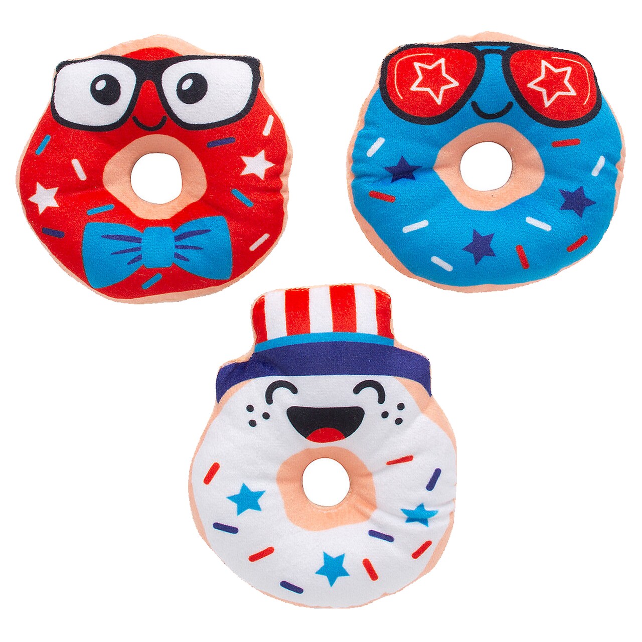 4" Patriotic Red, White & Blue Silly Stuffed Donuts 12 Pieces