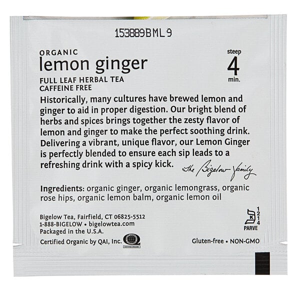 Steep Cafe By Bigelow Organic Lemon Ginger Herbal Tea Pyramid Sachets - 50/Case
