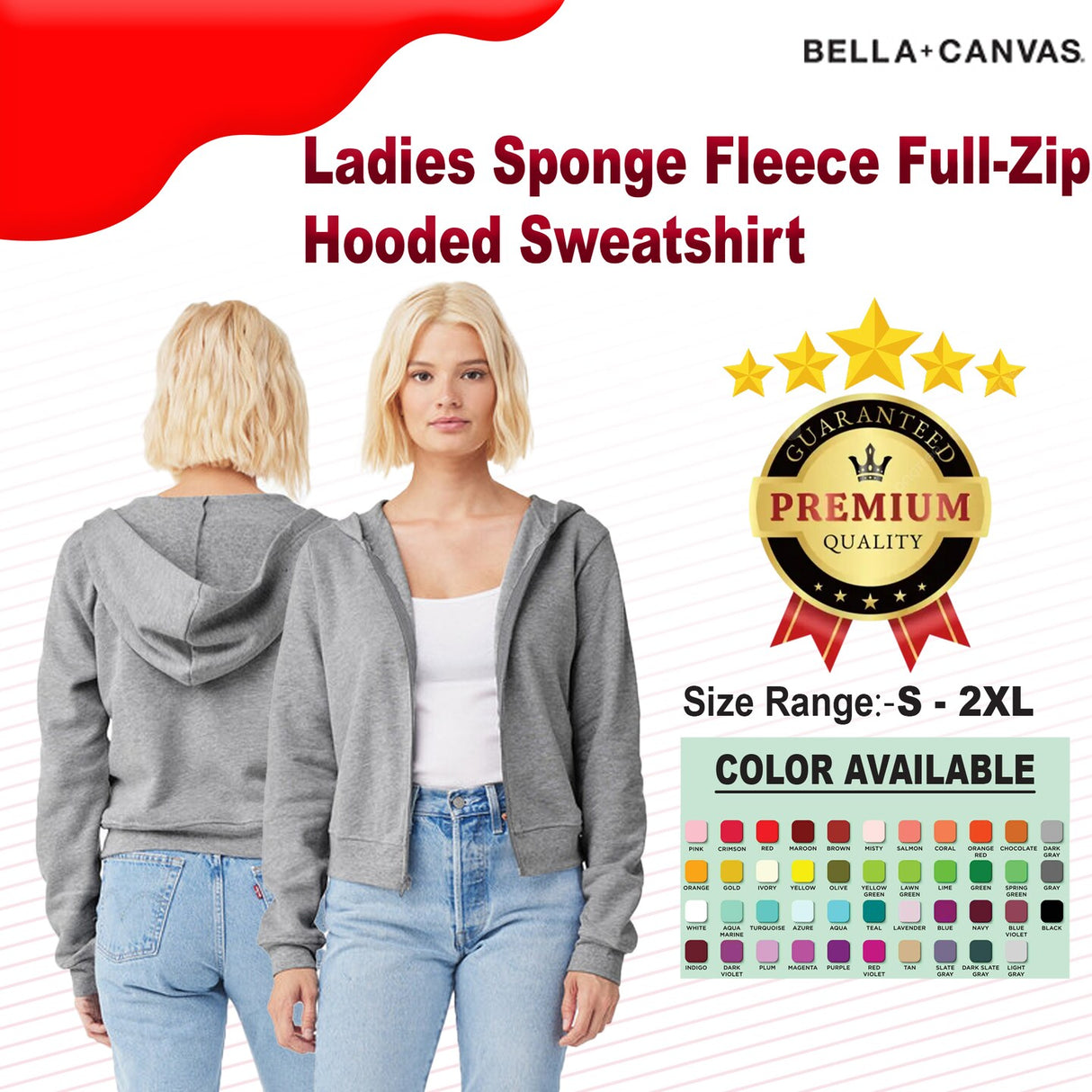 Bella + Canvas® Sponge Fleece Full Zip Hooded Sweatshirt