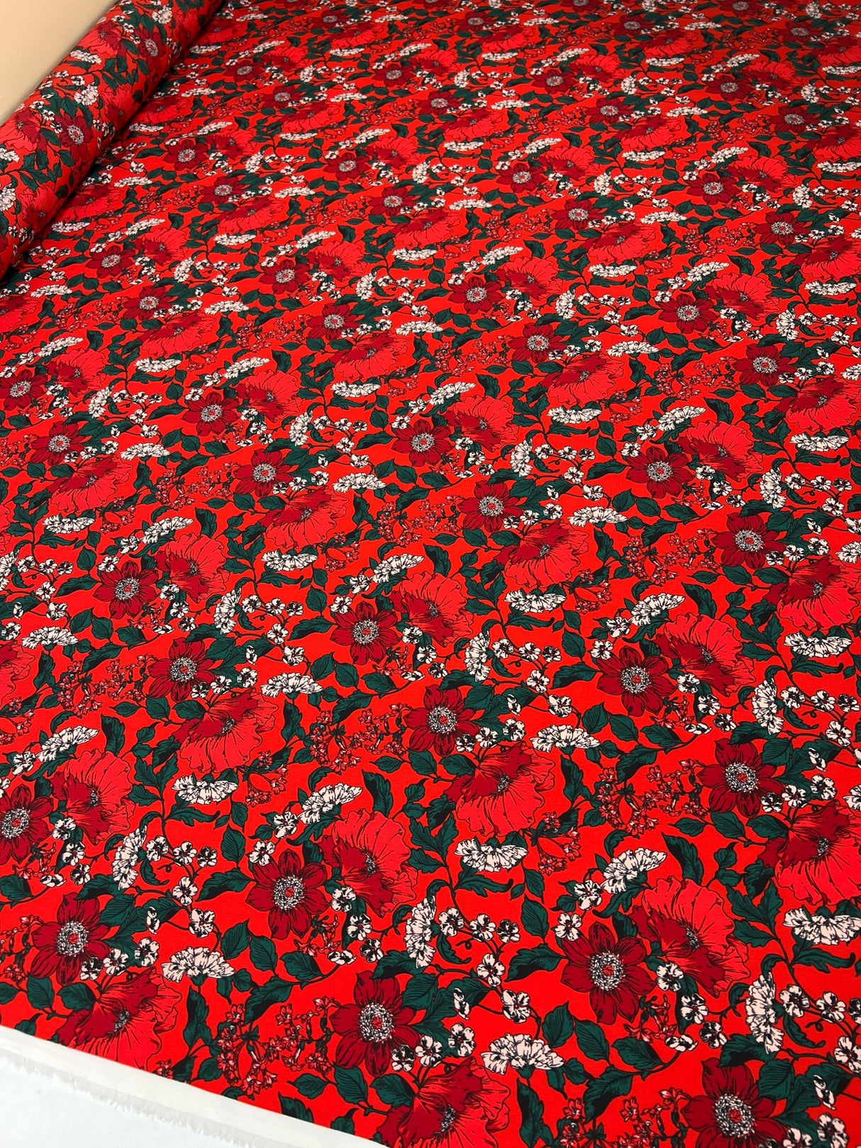 Polyester Crepe Floral Print Red Green