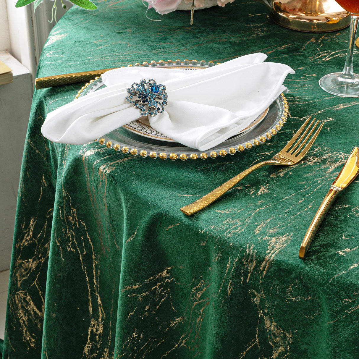 Round Velvet Tablecloth 120" Gilded Marble Emerald Green