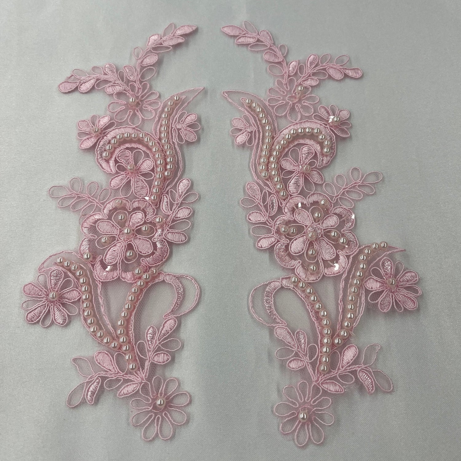 1 Pair Beaded & Corded Floral Lace Applique 9" x 2.5" Each Side
