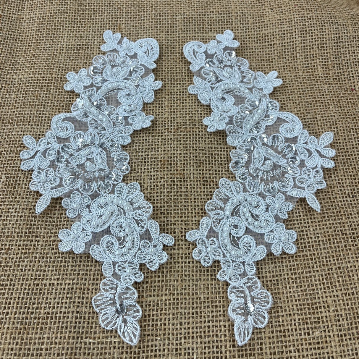 1 Pair 9" x 3" Each Side Beaded & Corded Floral Lace Applique Organza