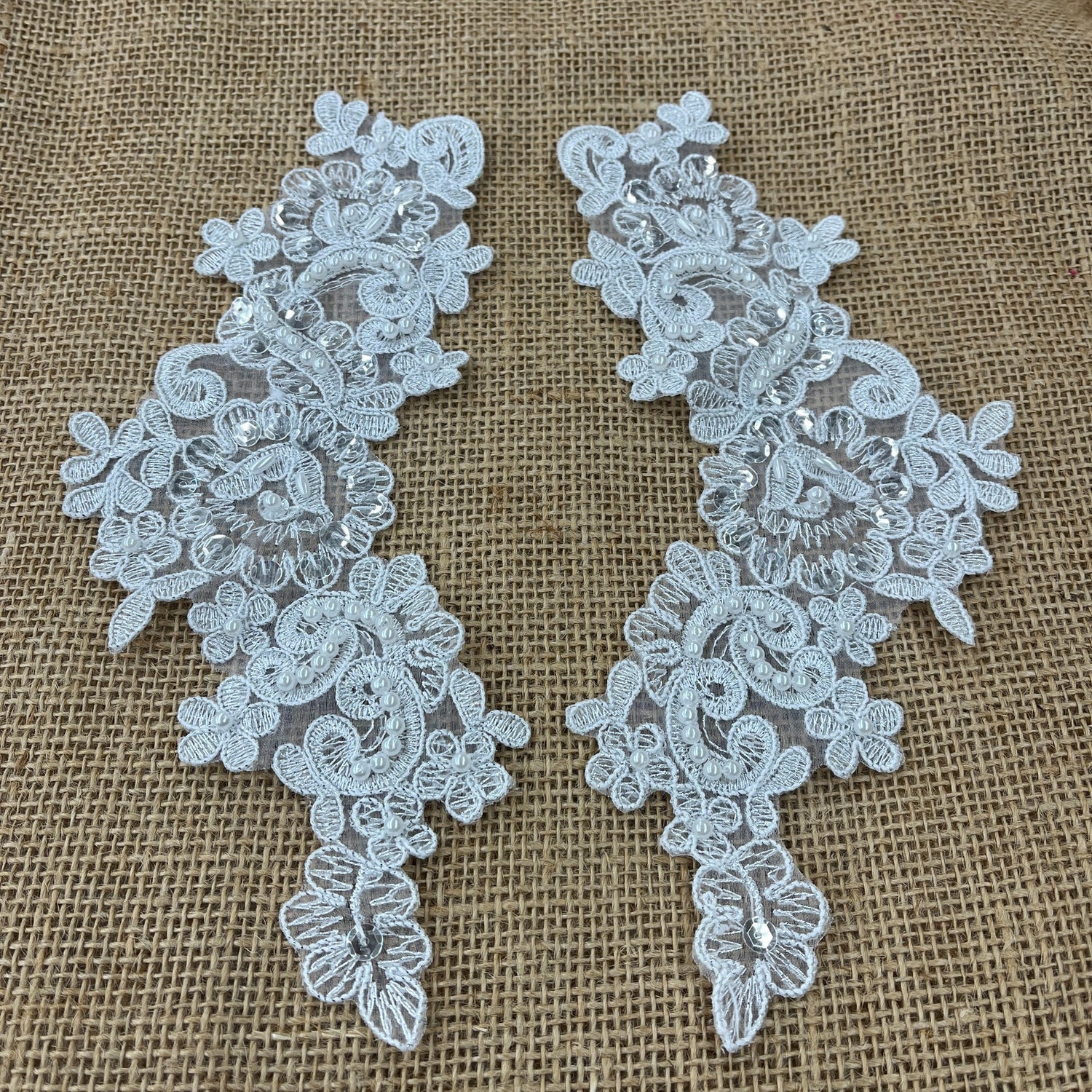 1 Pair 9" x 3" Each Side Beaded & Corded Floral Lace Applique Organza