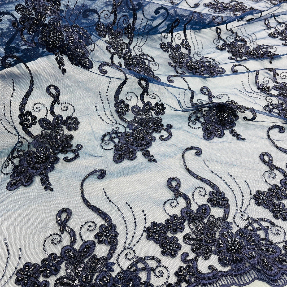 Beaded & Corded Lace Fabric - Embroidered 100 Percent Polyester Net Mesh, Navy/Black, 54" Width (1 Yard)