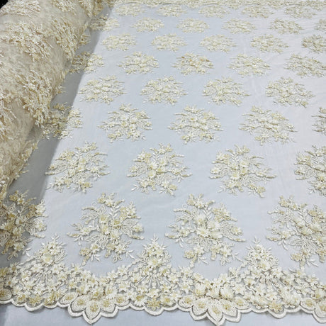 1 Yard Beaded 3D Floral Lace Fabric Embroidered 100 Percent Polyester Net Mesh 50 inch Width