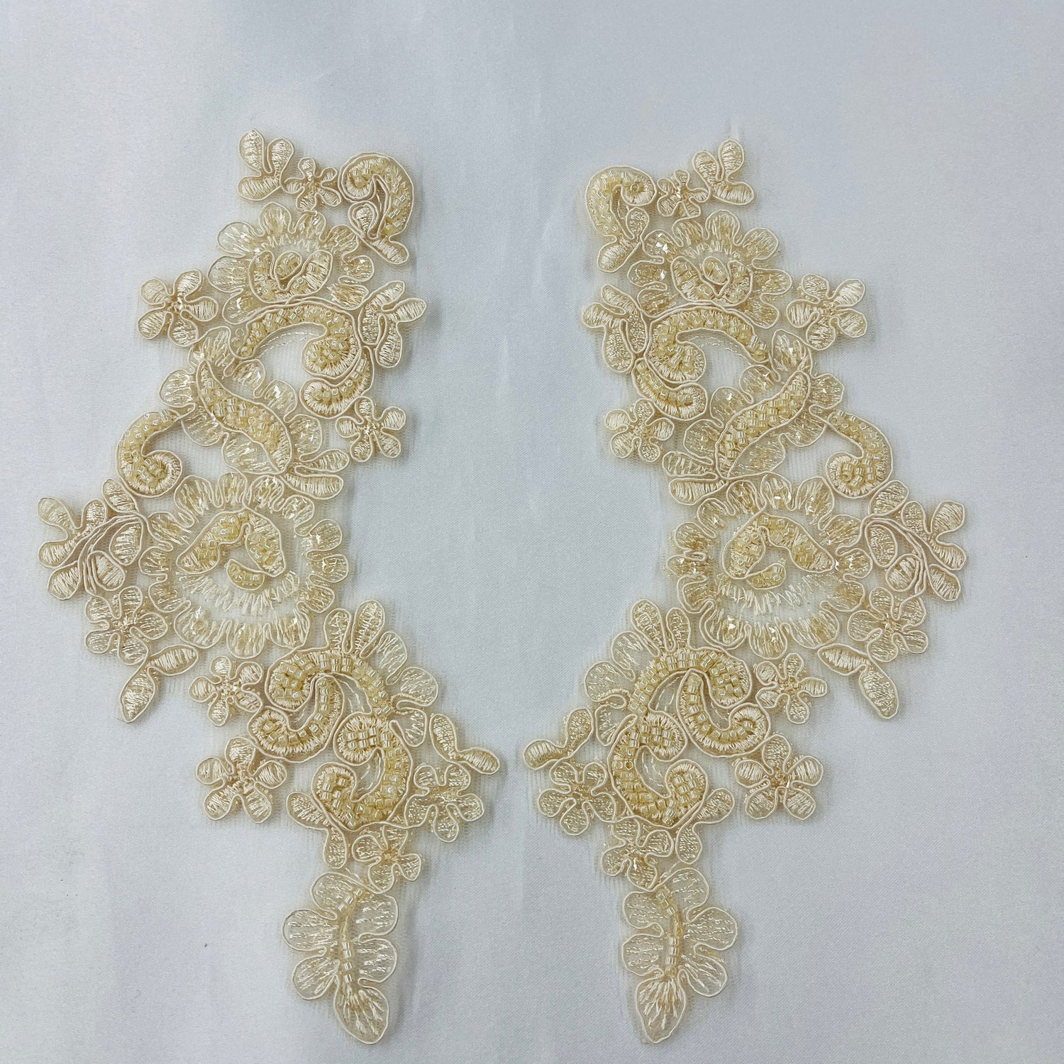 1 Pair 9" x 3" Each Side Beaded & Corded Floral Lace Applique Organza