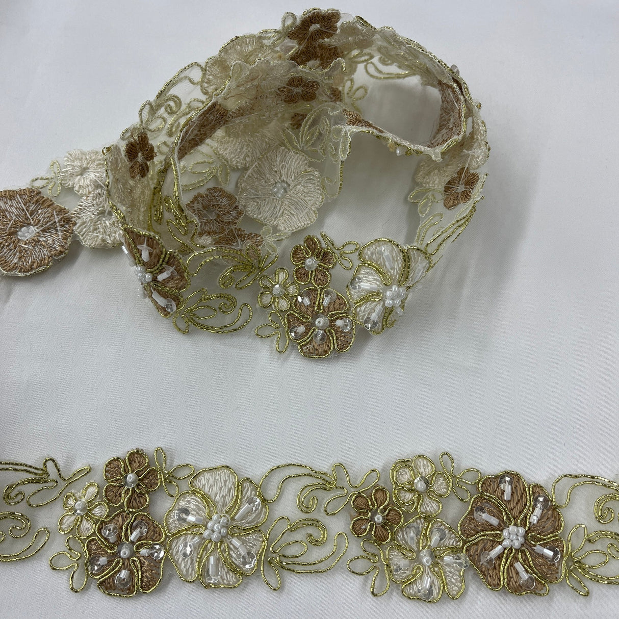 1 Yard Beaded Corded Embroidered Lace Trim 1.5" Wide 100% Polyester Organza for Dresses & Costumes