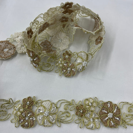 1 Yard Beaded Corded Embroidered Lace Trim 1.5" Wide 100% Polyester Organza for Dresses & Costumes