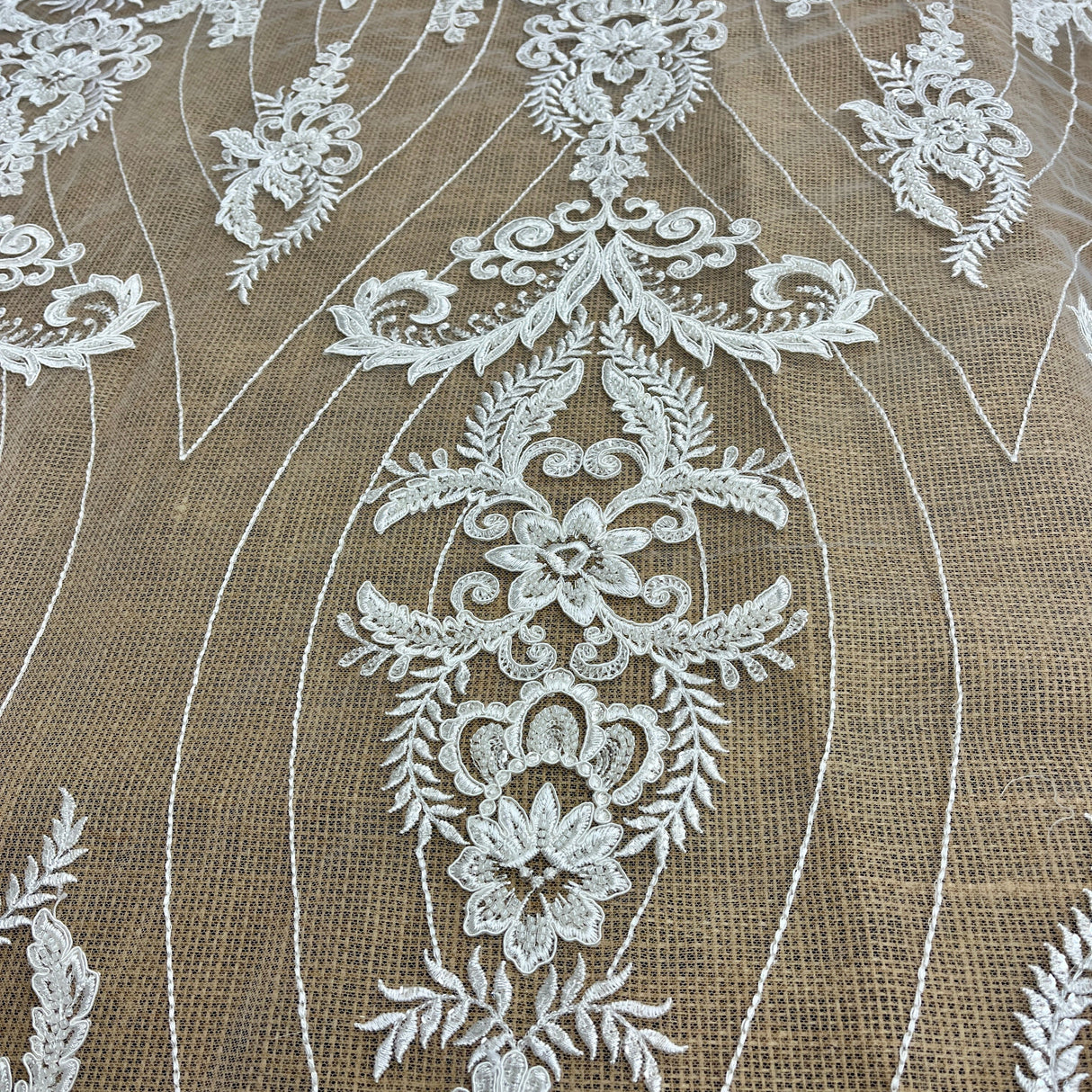Beaded & Corded Bridal Lace Fabric - Dark Ivory, Embroidered, 52" Wide (1 Yard)