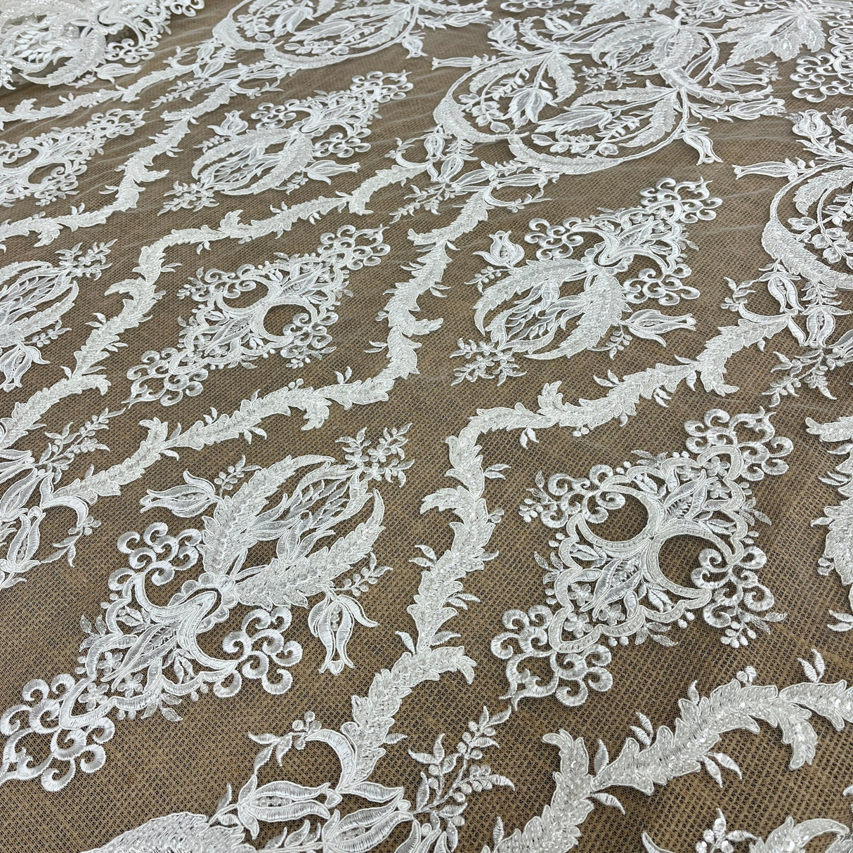 1 Yard Glamorous Beaded & Corded Lace Fabric Embroidered with Pearls and Sequins on Polyester Mesh Couture Bridal & Evening Wear 54" Wide