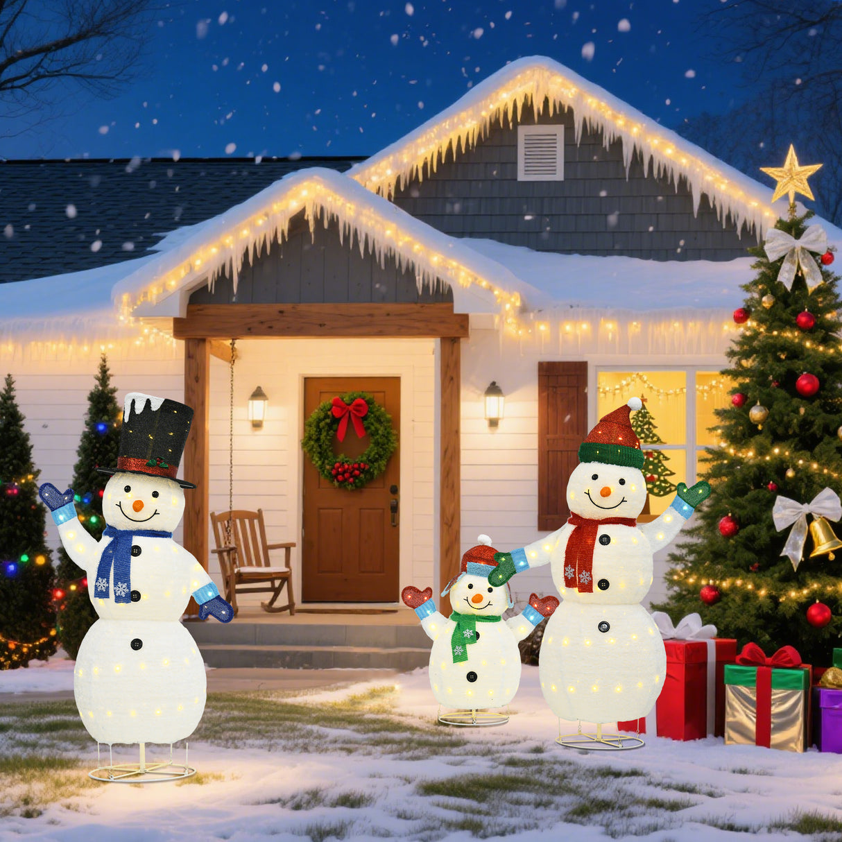 White Plush Lantern Set of 3 Snowmen, Warm White LED Lights, Indoor/Outdoor Holiday Décor 62" 60" 35"