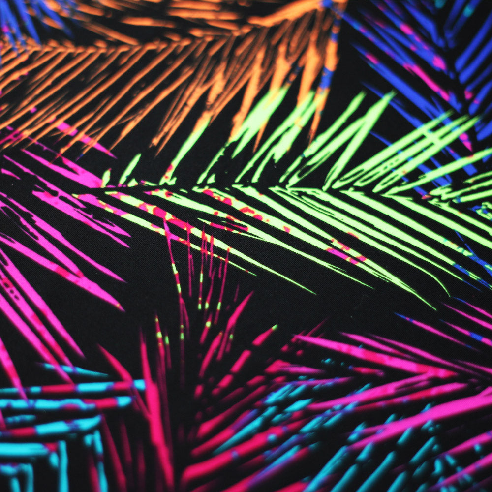 Electric Tropics Nylon Spandex Fabric - Tropical Palm Leaf Print, Multi, Orange-Red, Green-Blue, Pink-Purple, 58-60" Width (1 Yard)