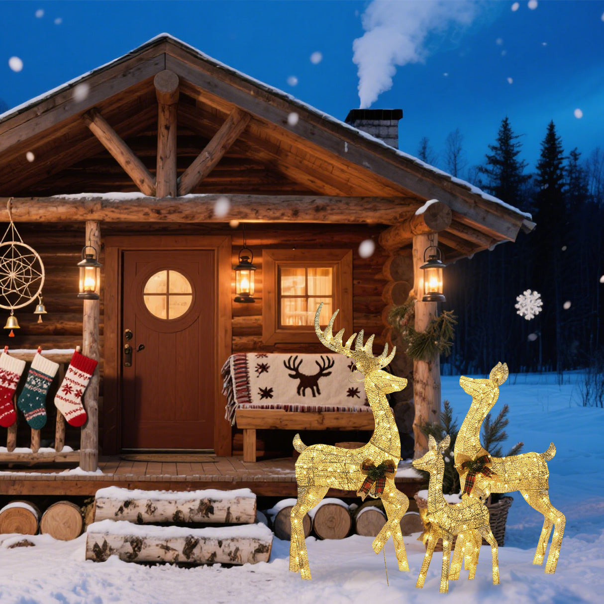 Champagne Cotton Rope Set of 3 Reindeer, Warm White LED Lights, Indoor/Outdoor Holiday Decoration 60" 48" 32"