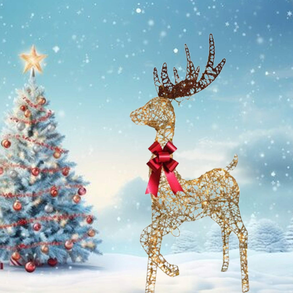 Champagne Woven Standing Reindeer Elegant Lighted Christmas Decoration