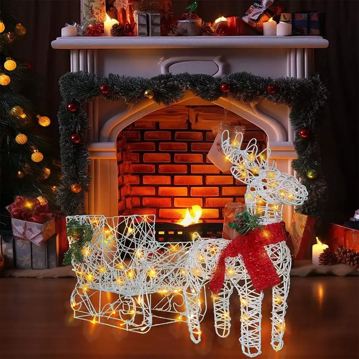 White Lighted Reindeer & Sleigh Outdoor Christmas Yard Decoration