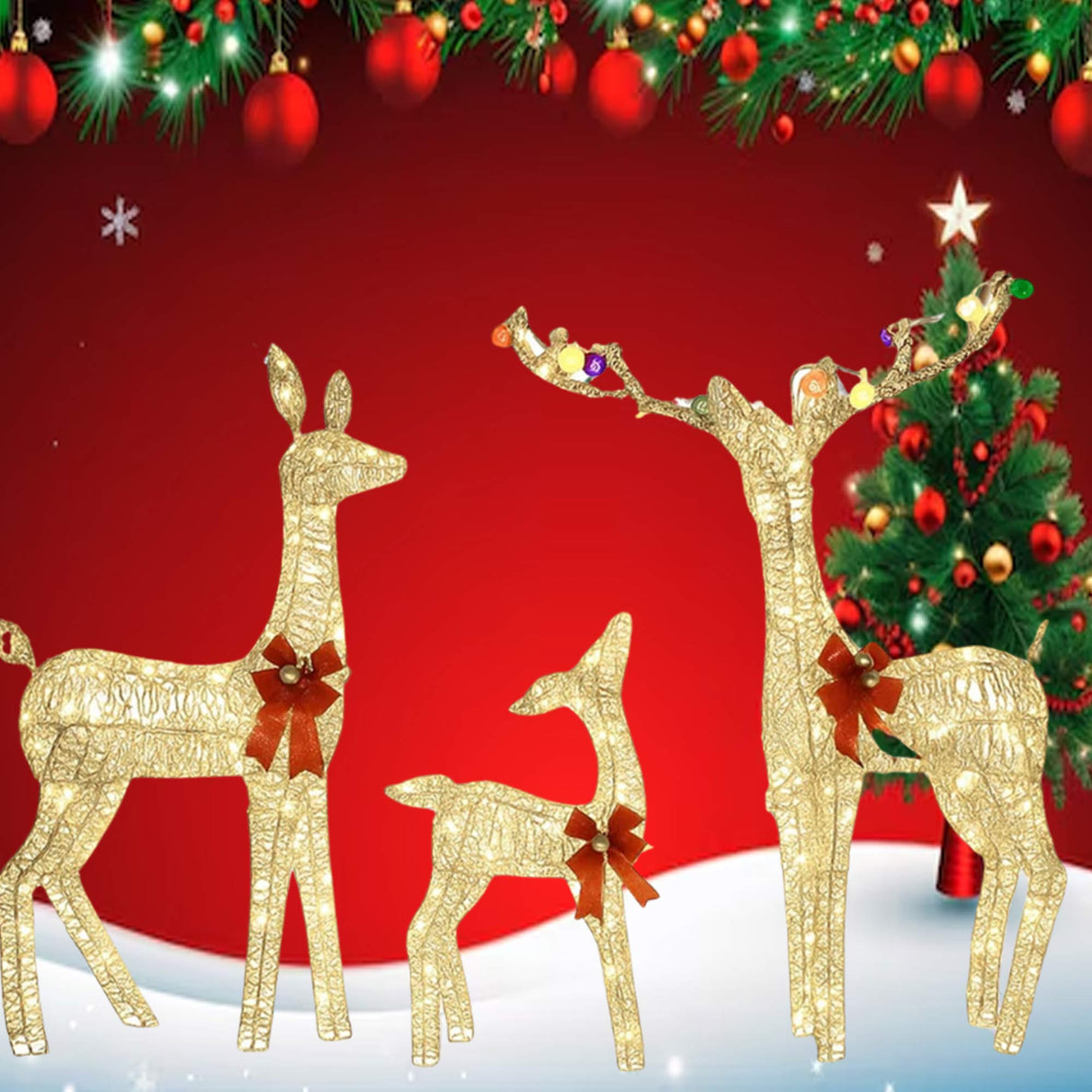 Prelit Outdoor Deer Family Trio with Iridescent PVC and Red Bows
