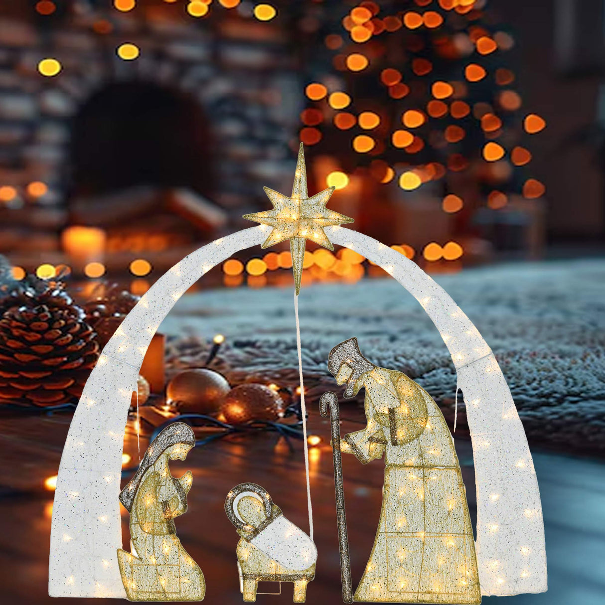 54"H Nativity Scene Christ Birth Pre-Lit Warm White LED Lights 115L Display