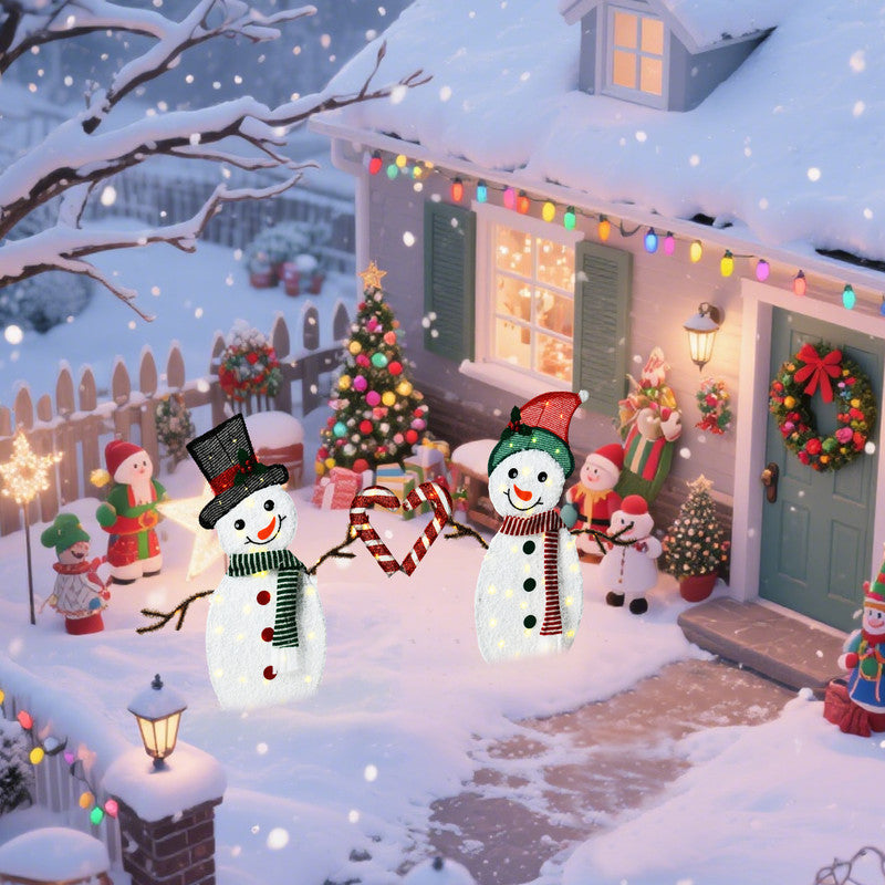 Set of 2 Heart Shaped Snowmen with Warm LED Lights Indoor Outdoor Christmas Decoration
