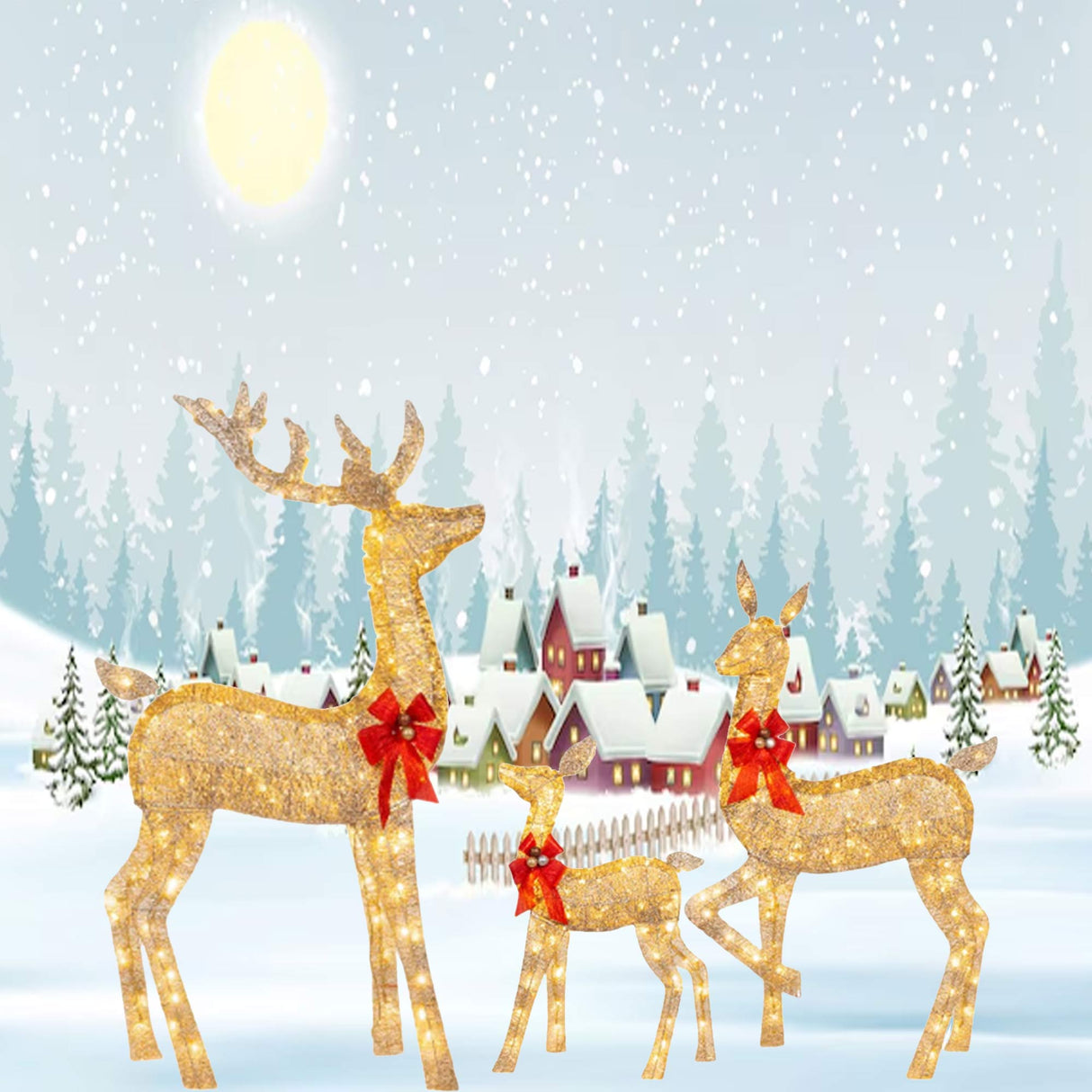 Elegant Champagne Rattan Deer Trio for Holiday Lawn and Entryway Displays 63" + 52" + 37"