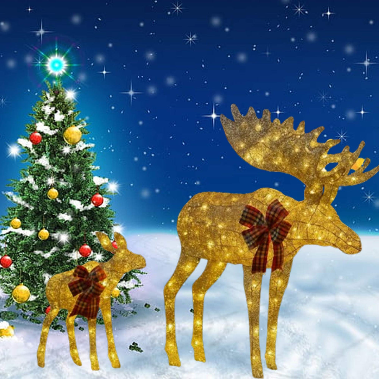 42 Inches and 22 Inches Champagne Cotton Thread Reindeer Set Two Deer