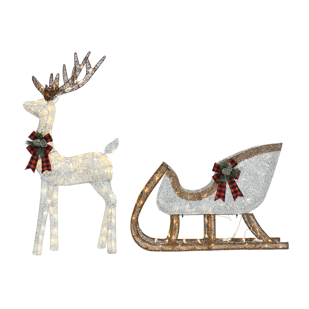 48 Inch H Reindeer and 38 Inch L Sleigh Set White LED Christmas Outdoor Decoration