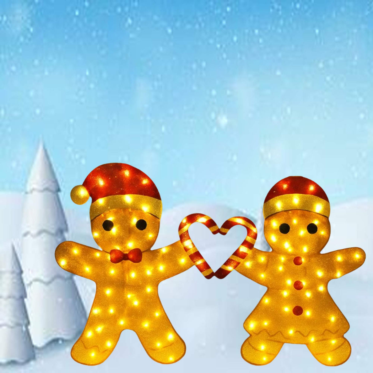 Delightful Light Up Gingerbread Man Couple with Heart-Shaped Candy Cane
