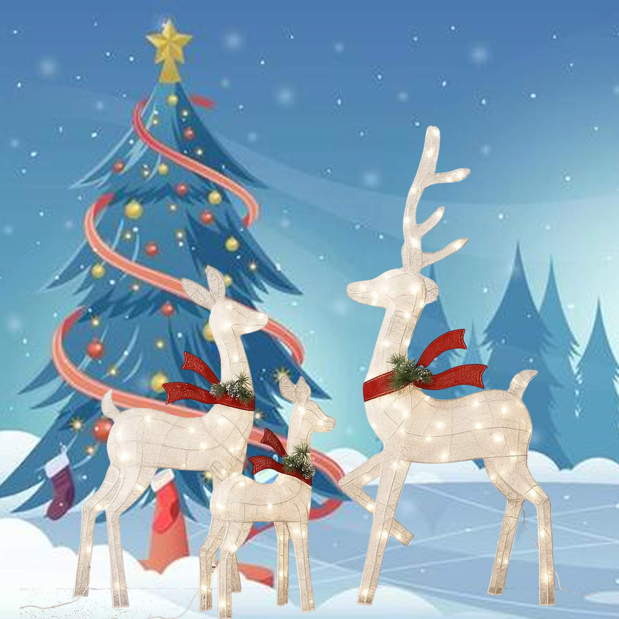 Elegant Lighted Deer Family Set with White Thread for Holiday Decor