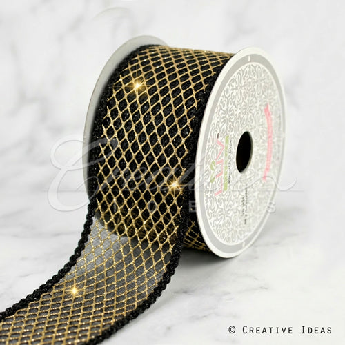 2 1/2" Metallic Diamond Mesh Ribbon-10 Yds (Black/Gold)