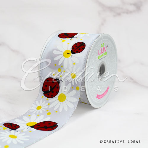 2 1/2" Wired Ladybug & Daisies Ribbon-10 Yds (White)