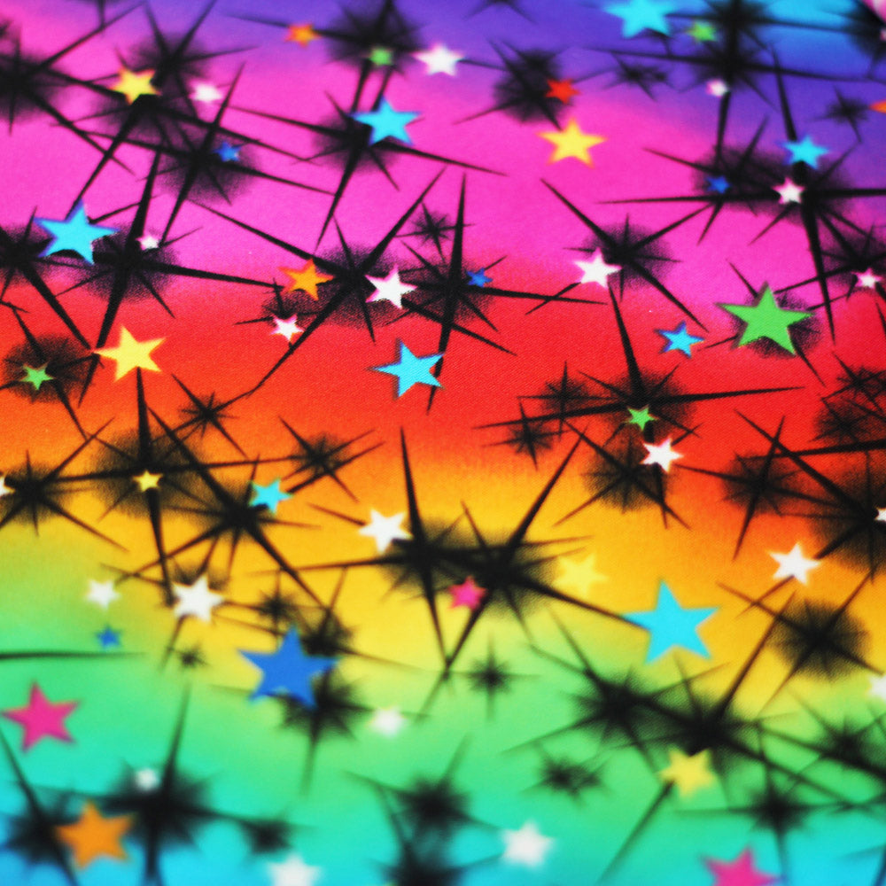 Pretty Cosmos Nylon Spandex Fabric - Galaxy Star Print, Black/White Multi, 58/60" Width (1 Yard)