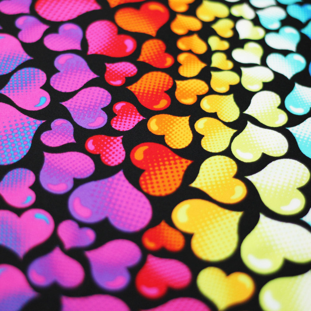 Love Mee Nylon Spandex Fabric - Rainbow Hearts Print, Black Multi Or White Multi, 58-60" Width (1 Yard)