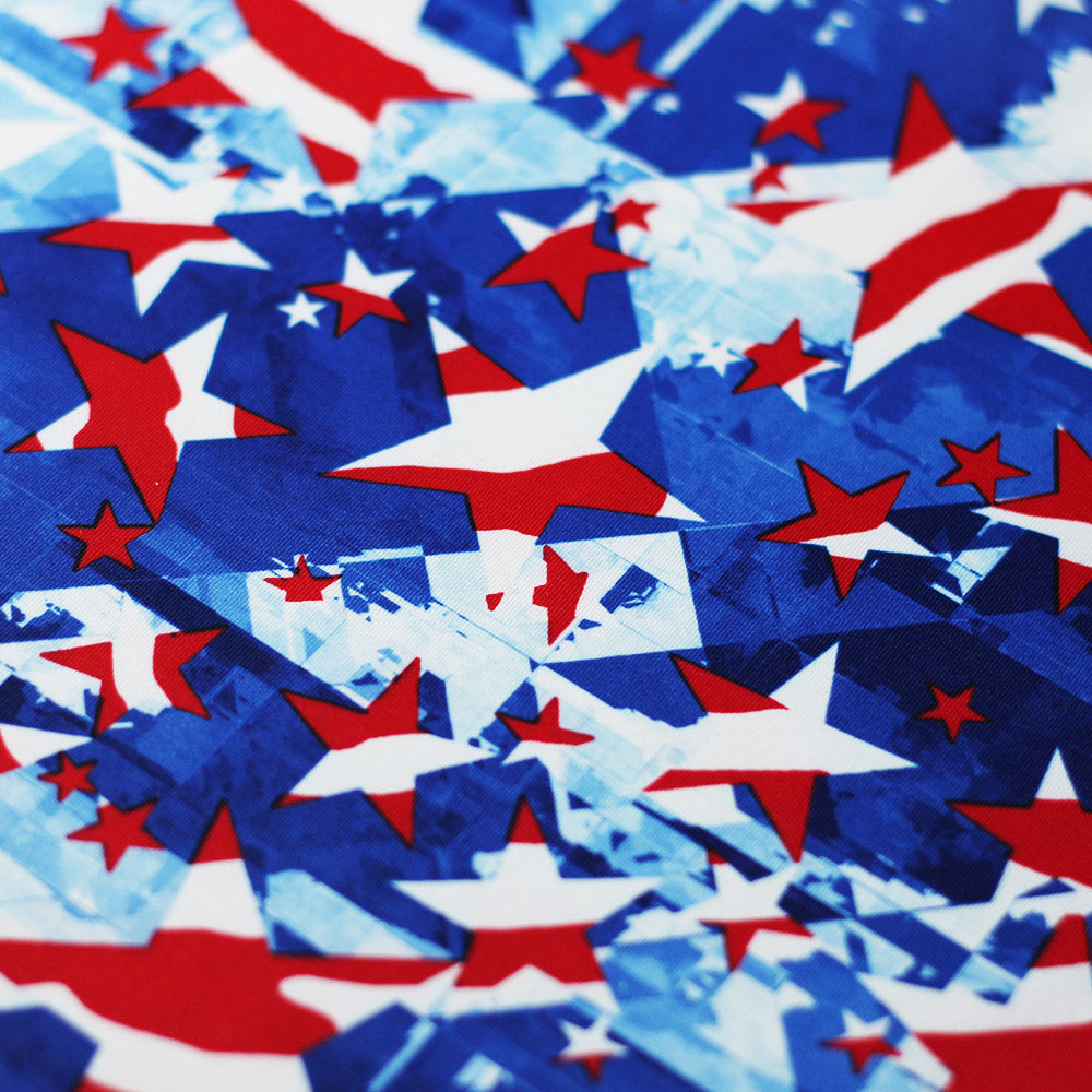 Star Spangled Polyester Spandex Fabric - American Flag Print, Red And White Stars On Blue, 58-60" Width, 240 GSM (1 Yard)