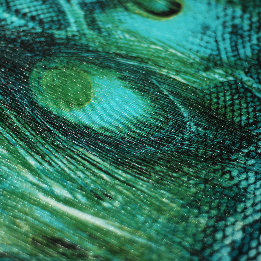 Peacock Strike Polyester Spandex Fabric - Jade Peacock Pattern, 60" Width, 200 GSM, 4-Way Stretch (1 Yard)
