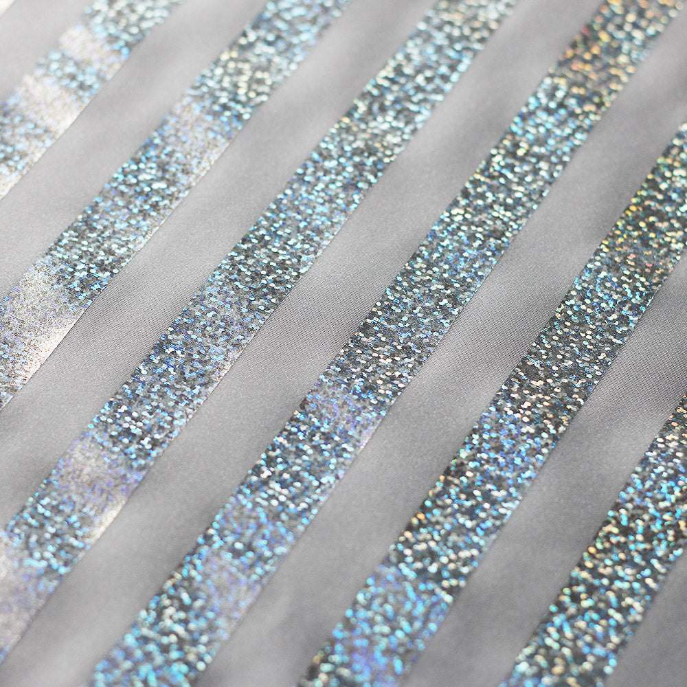 Holo Foil Stripes Nylon Spandex Hologram Fabric - White Silver And Black Multi Rainbow Stripes, 58 To 60" Width (1 Yard)